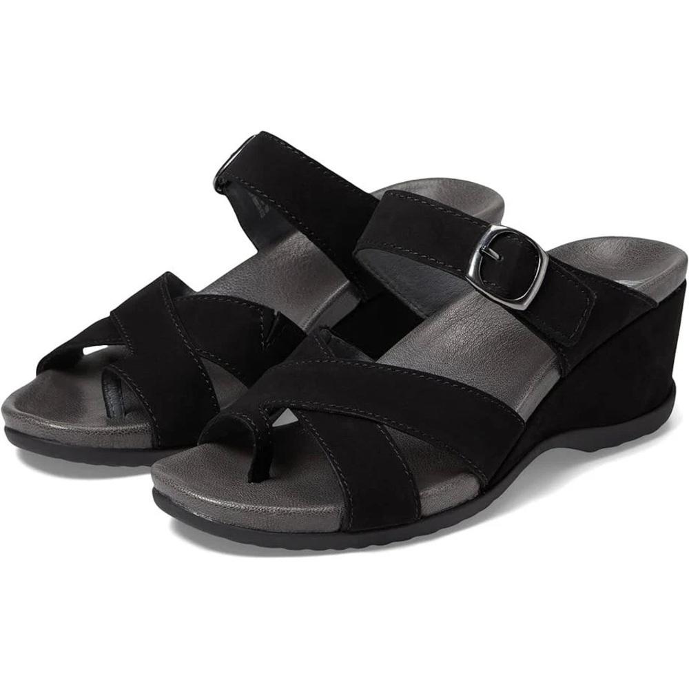 Women's Dansko Aubree Strappy Wedge Black Nubuck Leather